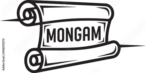 Vintage scroll paper document with mongam text and decorative roll ends.