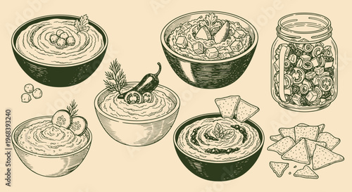 An outline sketch vector illustration of various hummus bowls and dips with vegetables
