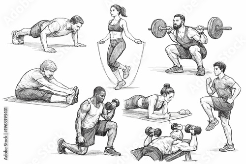Workout and Fitness Exercises Collection, Hand Drawn Training Set with Strength Cardio Stretching and Gym Activities Illustration