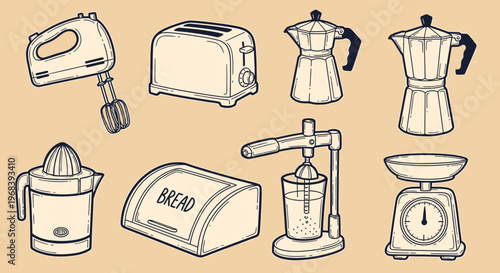 An outline sketch vector illustration of various kitchen appliances on a table indoors.