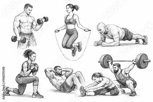 Fitness Exercises Set, Hand Drawn Workout Collection with Strength Training Cardio and Bodyweight Exercises Illustration