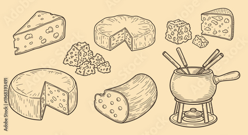 An outline sketch vector illustration of cheese and fondue setup with various cheese types