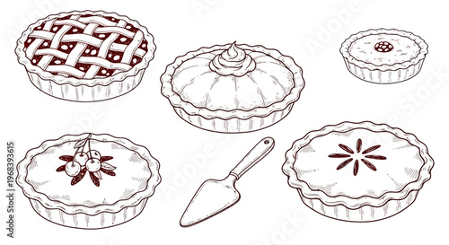 An outline sketch vector illustration of various decorated pies and a pie server on a table.