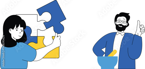 A woman struggles to fit a puzzle piece while a man confidently points to a bowl of pieces