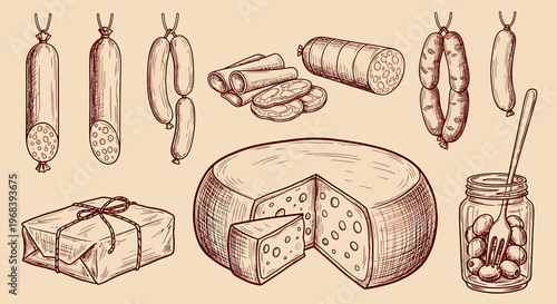 A vector illustration of an outline sketch featuring various cured meats and cheese.