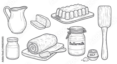 An outline sketch vector illustration of a kitchen table with butter, buttermilk, and baking ingredients on a plate and tray.
