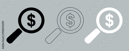Minimalist money search icon set, magnifying glass with dollar sign vector, financial audit and investment research symbols in black and white
