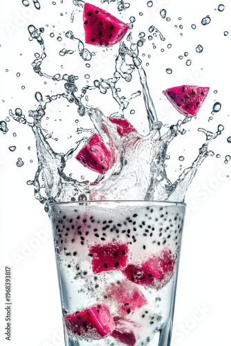 dragon fruit smoothie splash with dragon fruit pieces, isolated on white background