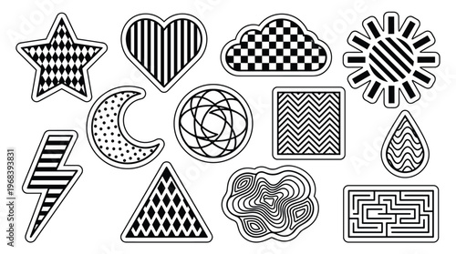 A diverse collection of meticulously designed black and white sticker icons with various geometric patterns is neatly arranged on a pristine white isolated background.