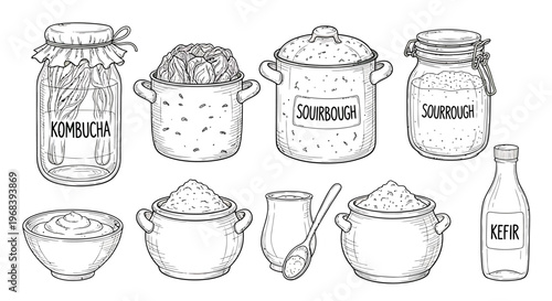 An outline sketch vector illustration of various fermentation vessels and food items on a table