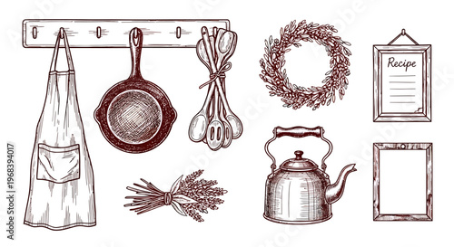 An outline sketch vector illustration of kitchen items on a hook including apron, frying pan, utensils, and tea kettle with herbs and frame.