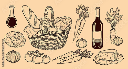 An outline sketch vector illustration of a basket filled with vegetables and food items on a table with wine bottles.