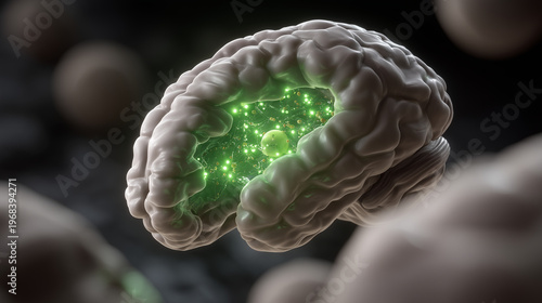 Cross-section illustration of adult hippocampus with fresh neurons highlighted in luminous green among existing gray matter cells in detailed anatomical rendering, ideal for neurogenesis research, b