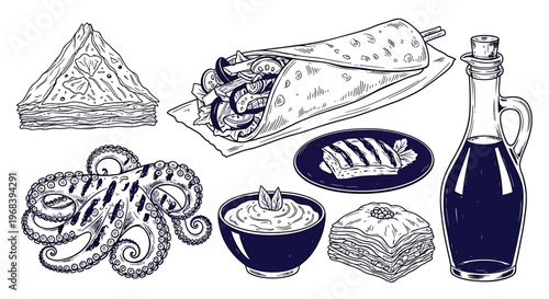 An outline sketch vector illustration of various sushi and seafood dishes on plates and in bowls