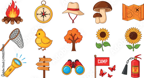 Camping and outdoor adventure icons set including fire compass hat mushroom map sunflower tools nature exploration vector collection