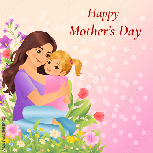 Happy Mothers day square vector illustration with mother and daughter hugging in floral garden, family love concept with copy space.