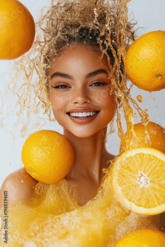 fresh orange juice splash with whole and sliced oranges, isolated on white background