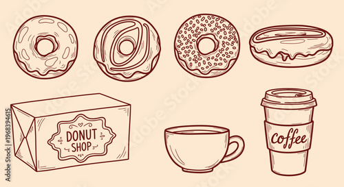 An outline sketch vector illustration of donuts, coffee, and a box in a cafe setting with a cup.