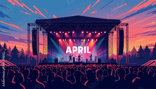 Vector illustration of an outdoor music festival in April, live band stage, crowd enjoying music