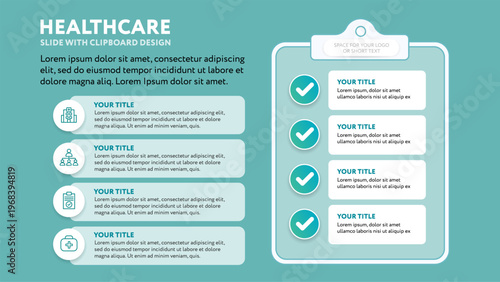 Medical business presentation slide template with clipboard checklist - modern minimalist design with line icons in flat style - teal green background