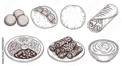 An outline sketch vector illustration of various traditional Middle Eastern desserts and sweet treats on plates and bowls.