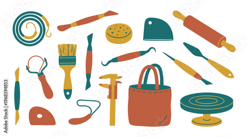 An artistic assortment of essential ceramic and clay modeling instruments, featuring a rolling pin, wire cutters, and a tote bag, is laid out on a plain background.