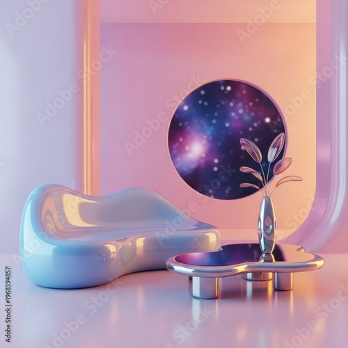 Abstract interior design with futuristic furniture and galactic view