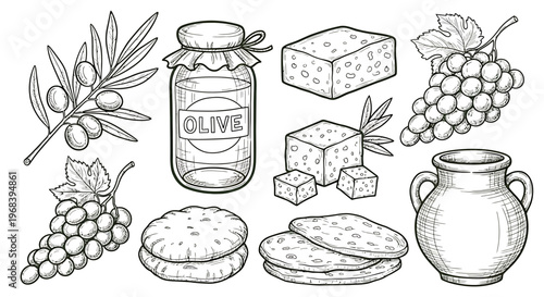 An outline sketch vector illustration of a rustic table setting with olives, cheese, crackers, and grapes.