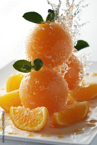 fresh orange juice splash with whole and sliced oranges, isolated on white background