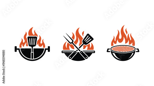 Barbecue logo icon set with grill and flames vector illustration isolated on white background.