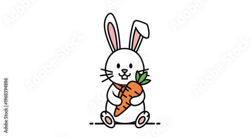 A charming cartoon rabbit happily holds a bright orange carrot