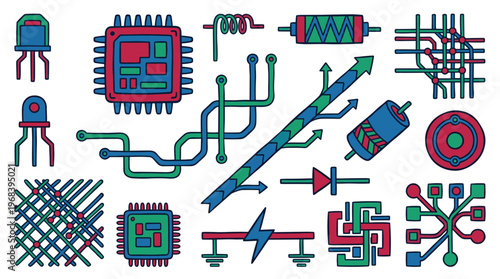 A creative collection of hand-drawn electronic components and circuit diagrams, including microchips and resistors, is illustrated in a colorful doodle style.