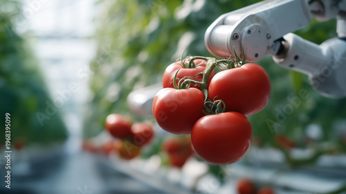 Agricultural robot arms harvesting ripe tomatoes in greenhouse with precision sensors identifying fruit ripeness while morning light filters through glass roof and irrigation systems, ideal for farm
