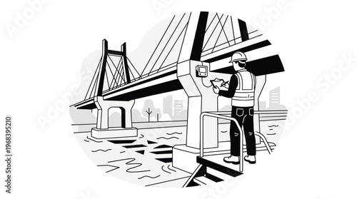 A diligent engineer in safety gear conducts a thorough structural inspection of a modern cable-stayed bridge from a lift in a clean line art illustration.
