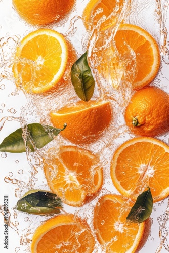fresh orange juice splash with whole and sliced oranges, isolated on white background