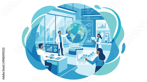 Diverse team of dedicated scientists in a modern laboratory meticulously analyzes global data on a large holographic interface with vibrant blue and white tones.