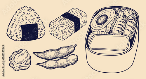An outline sketch vector illustration of sushi and dumplings in a bento box