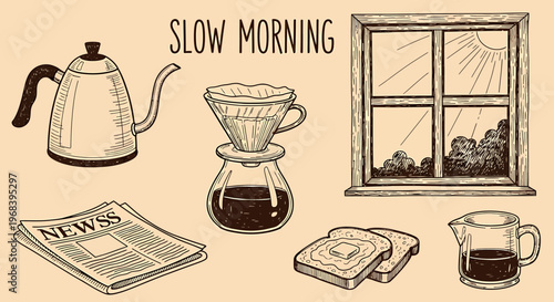 A morning scene outline sketch vector illustration of a kettle, pour-over coffee maker, newspaper, books, and mug on a table by a window.
