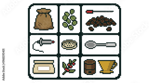 A charming set of nine pixel art icons displays various coffee-making elements like a bean sack, scale, and pour-over cone within a neat grid on a white background.