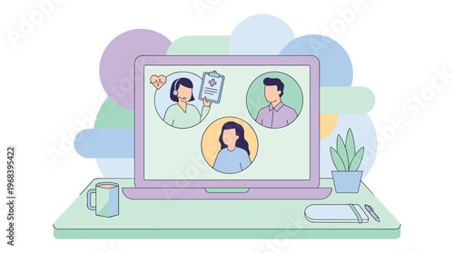 A modern laptop on a desk facilitates a telehealth consultation between a friendly medical professional and two patients via a clear video conference call interface.
