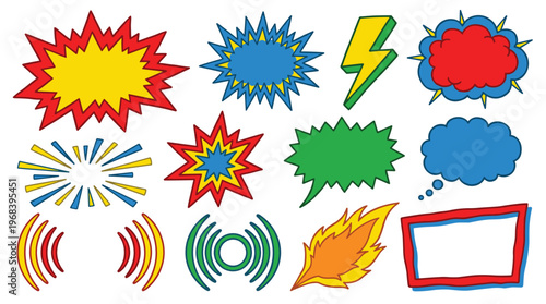 A dynamic collection of colorful comic book style elements, including explosive bursts, speech bubbles, and action graphics, isolated on a plain white background.