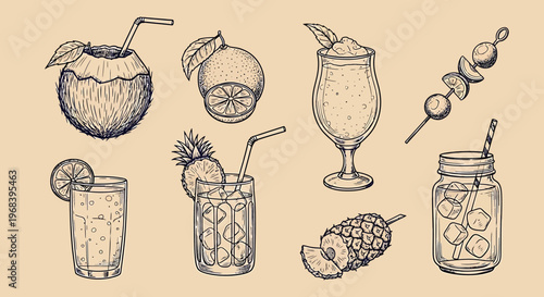 Vector illustration of various colorful drinks and fruits in outline sketch style