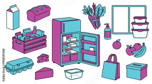An isometric collection of various grocery items and kitchen essentials, including an open refrigerator, rendered in a vibrant pink and cyan duotone palette.