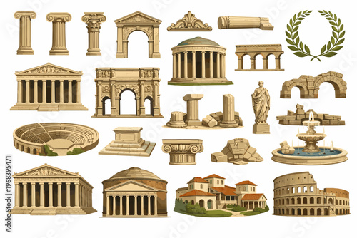 Ancient Architecture Set with Classical Temples Columns Arches and Historic Landmarks Illustration