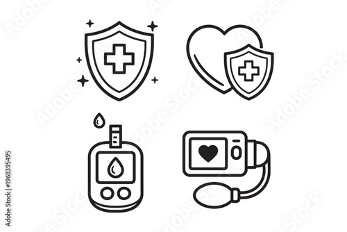 Healthcare Line Icon Set with Heart Protection Blood Test and Medical Monitoring Devices