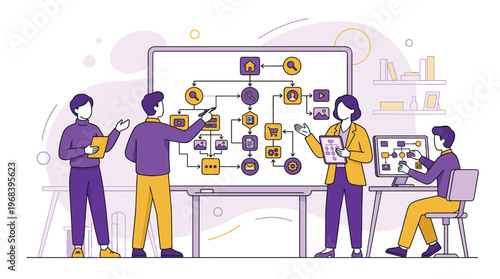 A diverse team of four professionals collaboratively brainstorms and maps out a complex user experience sitemap on a large whiteboard in a bright office space.