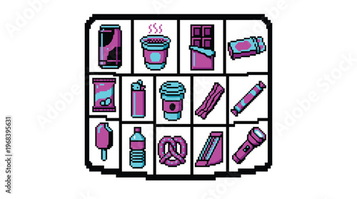 A colorful collection of fifteen retro pixel art icons representing various vending machine snacks and items is displayed in a neat grid on a clean white background.