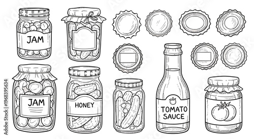 Outline sketch vector illustration of food jars and bottle on table