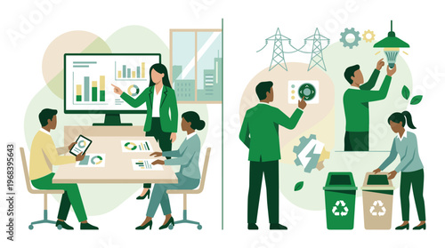 A corporate team discusses green energy initiatives in a meeting while another scene shows employees actively recycling and using energy-efficient lightbulbs.