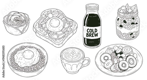 Outline sketch vector illustration of breakfast foods and drinks on a table setting